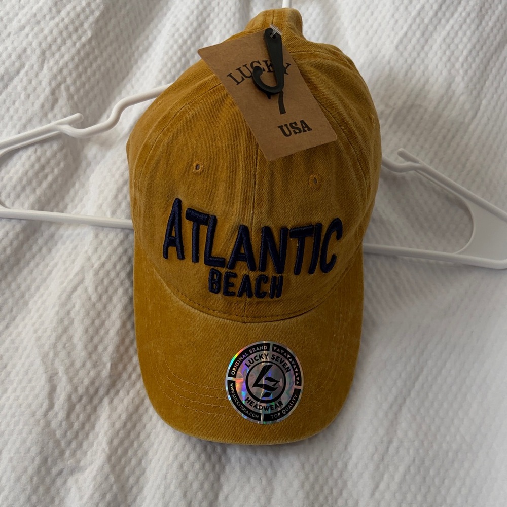 NWT Lucky 7 USA Fashion Headwear Mustard Yellow/Navy Font Atlantic Beach Hat